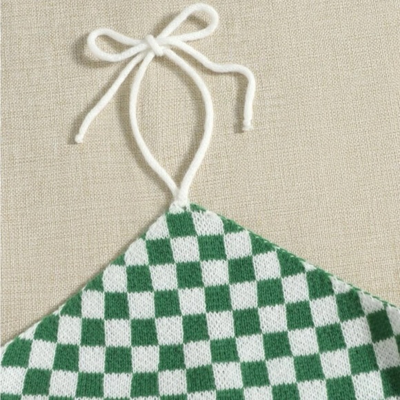 -NWOT | Self Tie Backless Checked Pattern Knit Top| Medium | Green - Picture 6 of 6